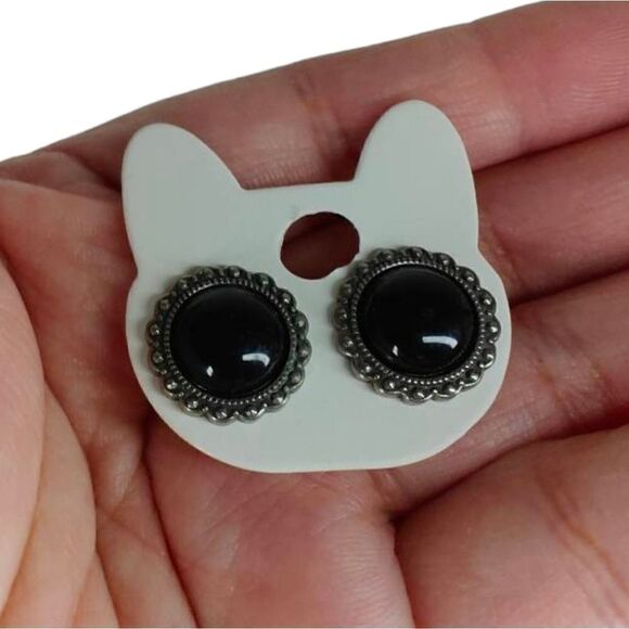 Black Faux Pearl Button Stud Earrings - Picture 1 of 2